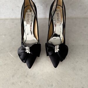 Badgley Mischka Black Satin Pointed Toe Pumps with Bow and Crystal Cluster